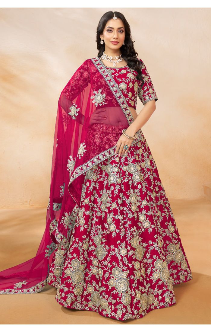 Radiant Ruby Bridal Lehenga Choli with Golden Embroidery – Perfect for Weddings and Festive Occasions.