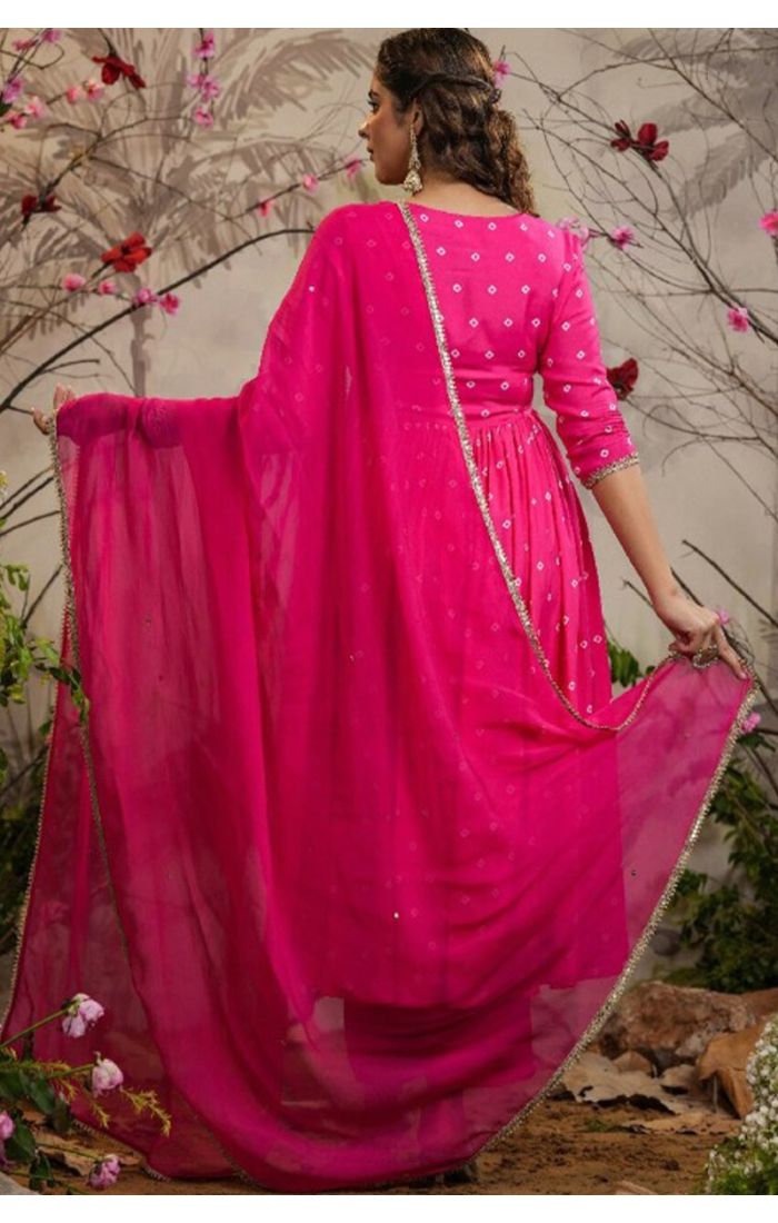 Rani Pink Bandhej Anarkali Kurta Set with Mirror Work and Dupatta – Wedding and Festive Wear for Women