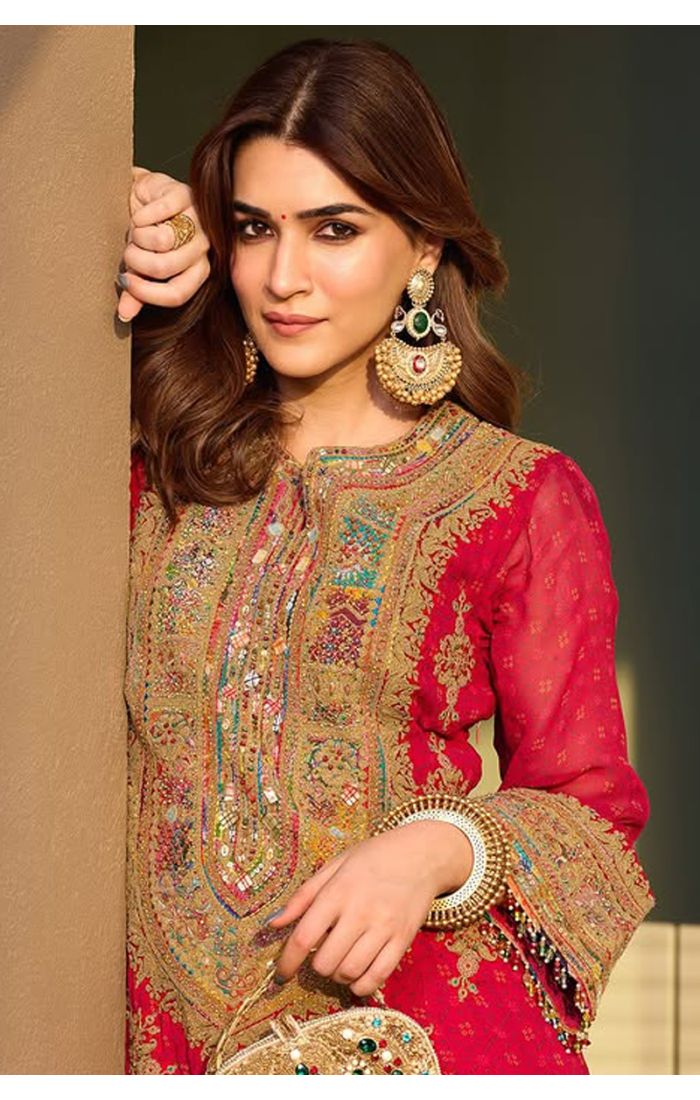 Red Designer Silk Gharara Suit with Embroidery for Eid and Weddings