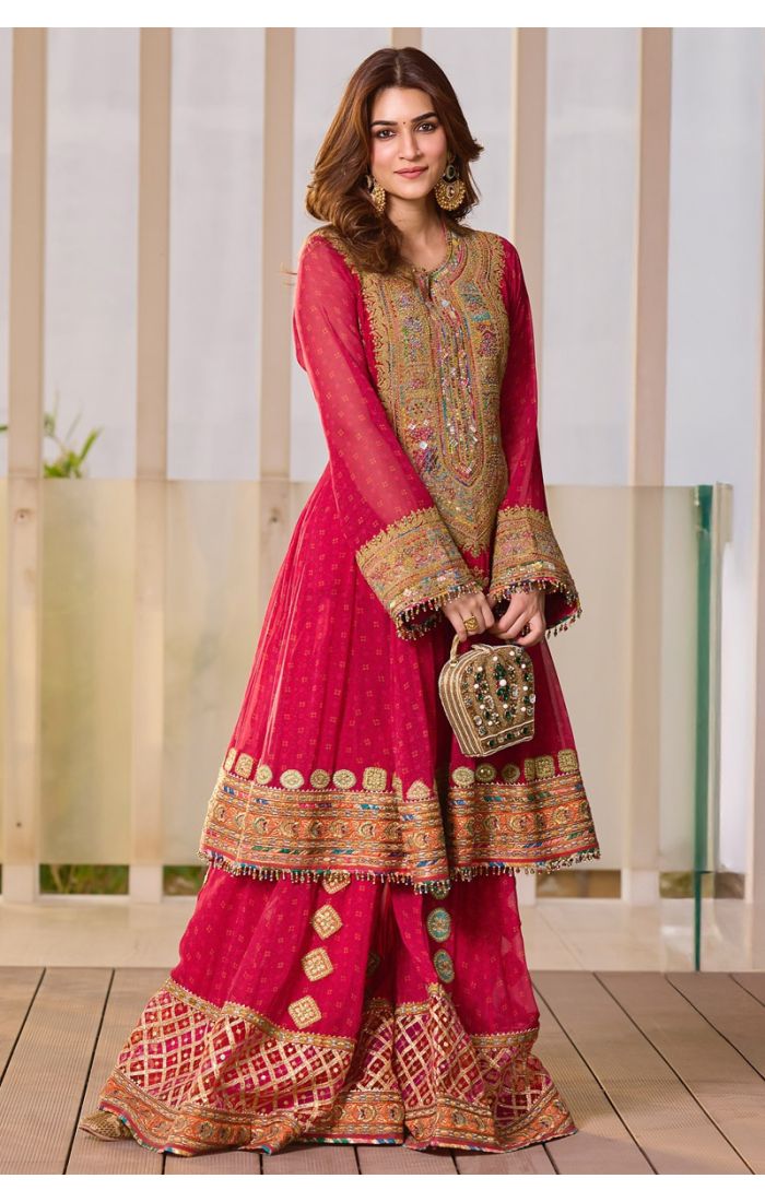 Red Designer Silk Gharara Suit with Embroidery for Eid and Weddings