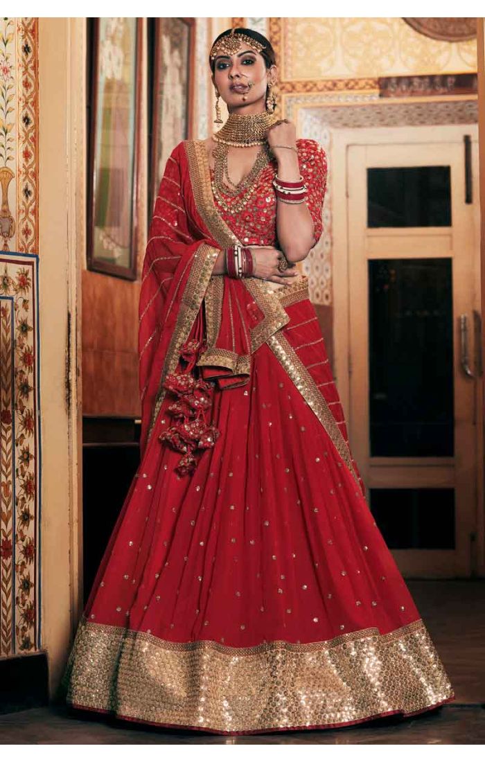 Red Georgette Lehenga Choli with Heavy Work for Bridal and Festive Wear