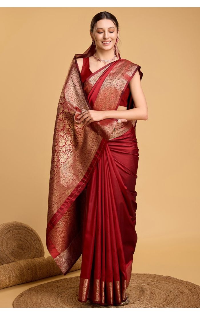 Red Banarasi Soft Silk Saree with Golden Weaving for Wedding & Festive Wear