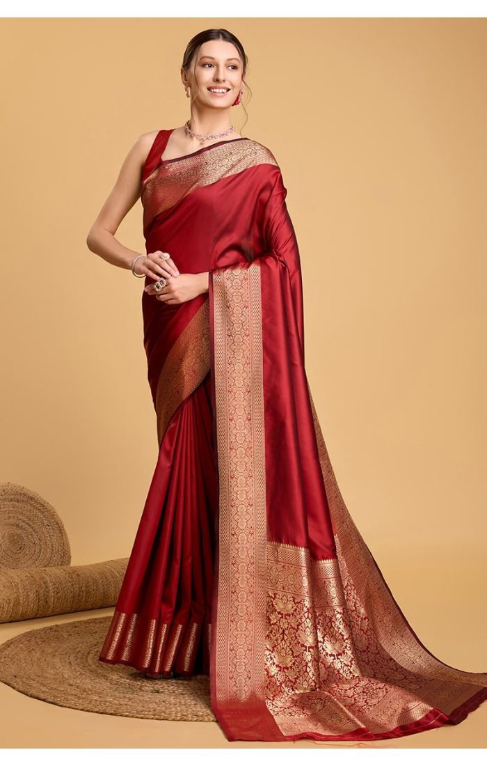 Red Banarasi Soft Silk Saree with Golden Weaving for Wedding & Festive Wear