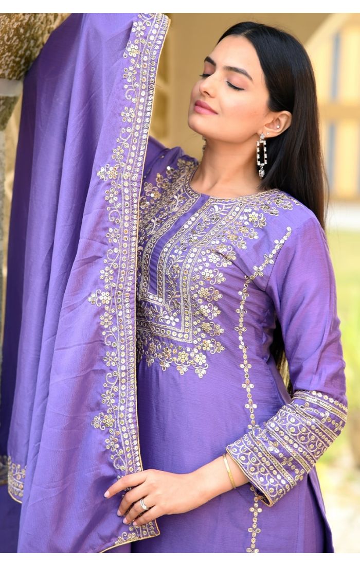 Lavender embroidered Chinon suit set for women, featuring intricate golden zari work with a dupatta – perfect for weddings and festive occasions.