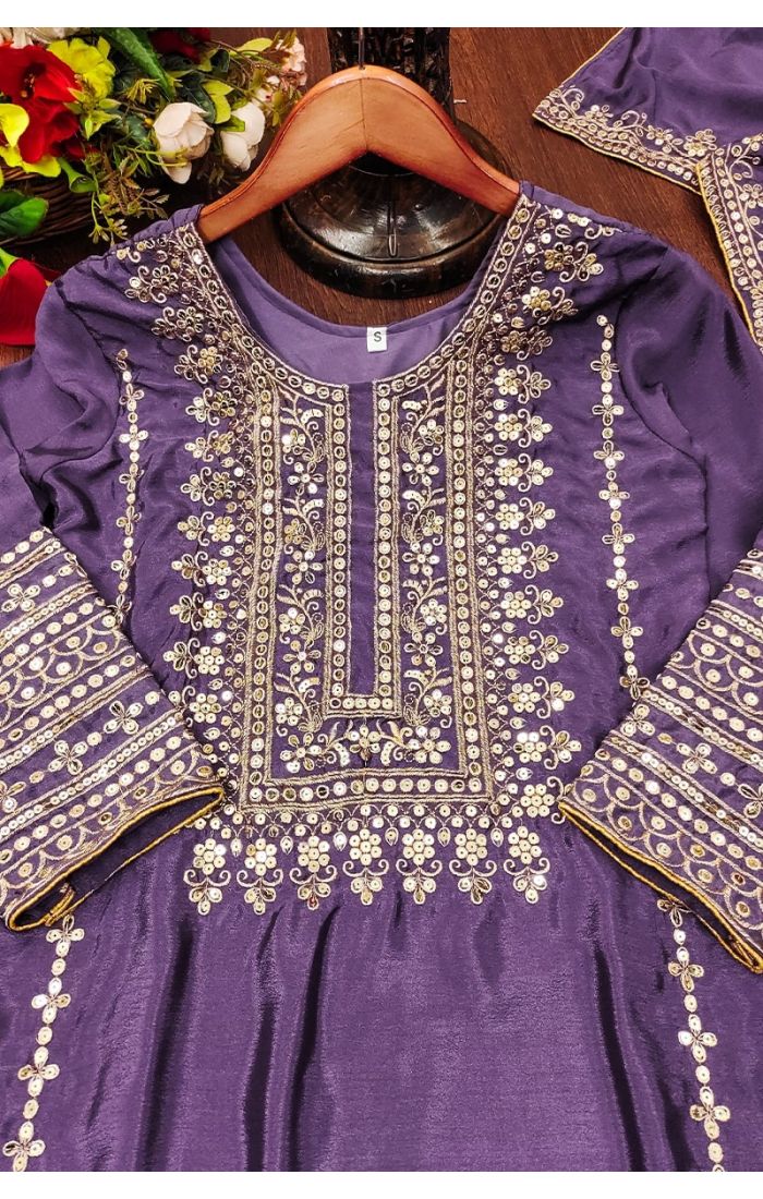 Lavender embroidered Chinon suit set for women, featuring intricate golden zari work with a dupatta – perfect for weddings and festive occasions.