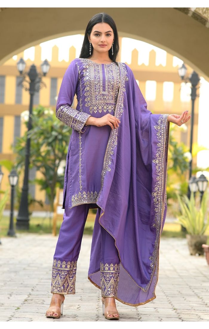 Lavender embroidered Chinon suit set for women, featuring intricate golden zari work with a dupatta – perfect for weddings and festive occasions.