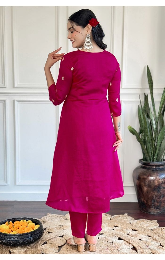 Magenta Anarkali Kurti Set with Embroidery for Festive & Wedding Wear