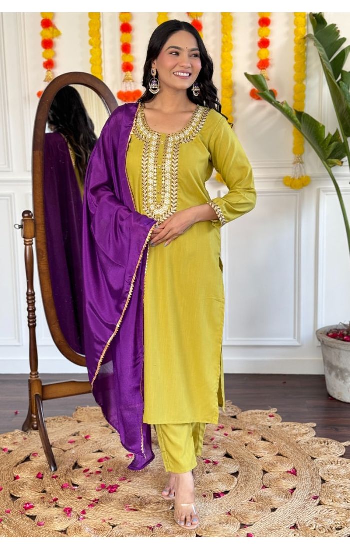 Mustard gold silk embroidered kurta pant set with royal purple dupatta – festive & wedding wear for women.