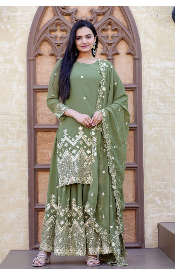 Olive Green Embroidered Sharara Suit with Dupatta – Wedding & Festive Ethnic Wear