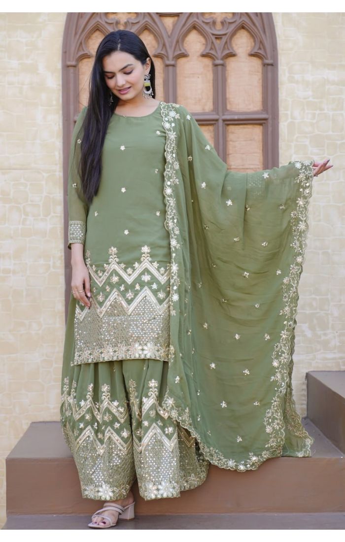 Olive Green Embroidered Sharara Suit with Dupatta – Wedding & Festive Ethnic Wear