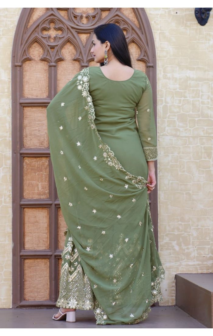 Olive Green Embroidered Sharara Suit with Dupatta – Wedding & Festive Ethnic Wear