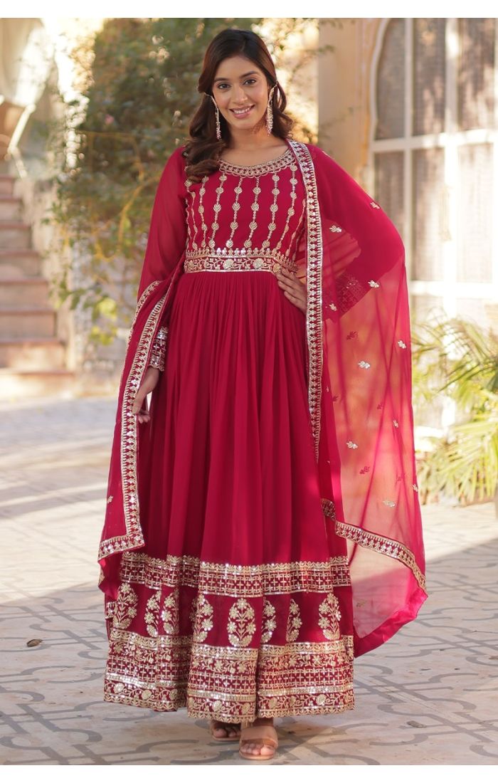  Ruby red Georgette Anarkali suit with golden embroidery, ideal for weddings and festive occasions.