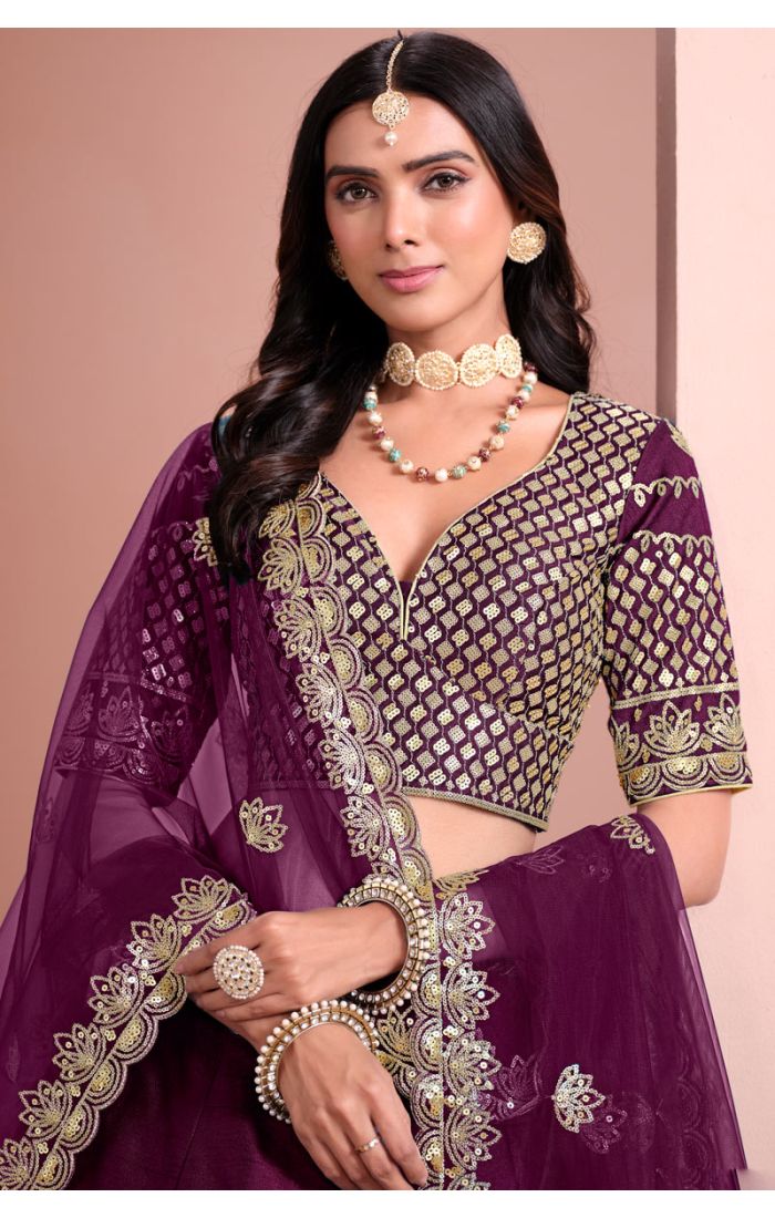 Elegant Plum Zari Embroidered Lehenga Choli with V-Neck Blouse for Weddings and Festivals