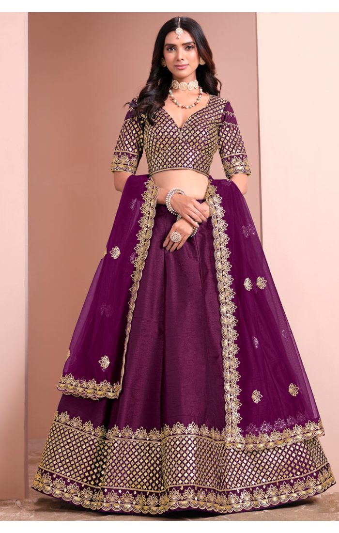 Elegant Plum Zari Embroidered Lehenga Choli with V-Neck Blouse for Weddings and Festivals