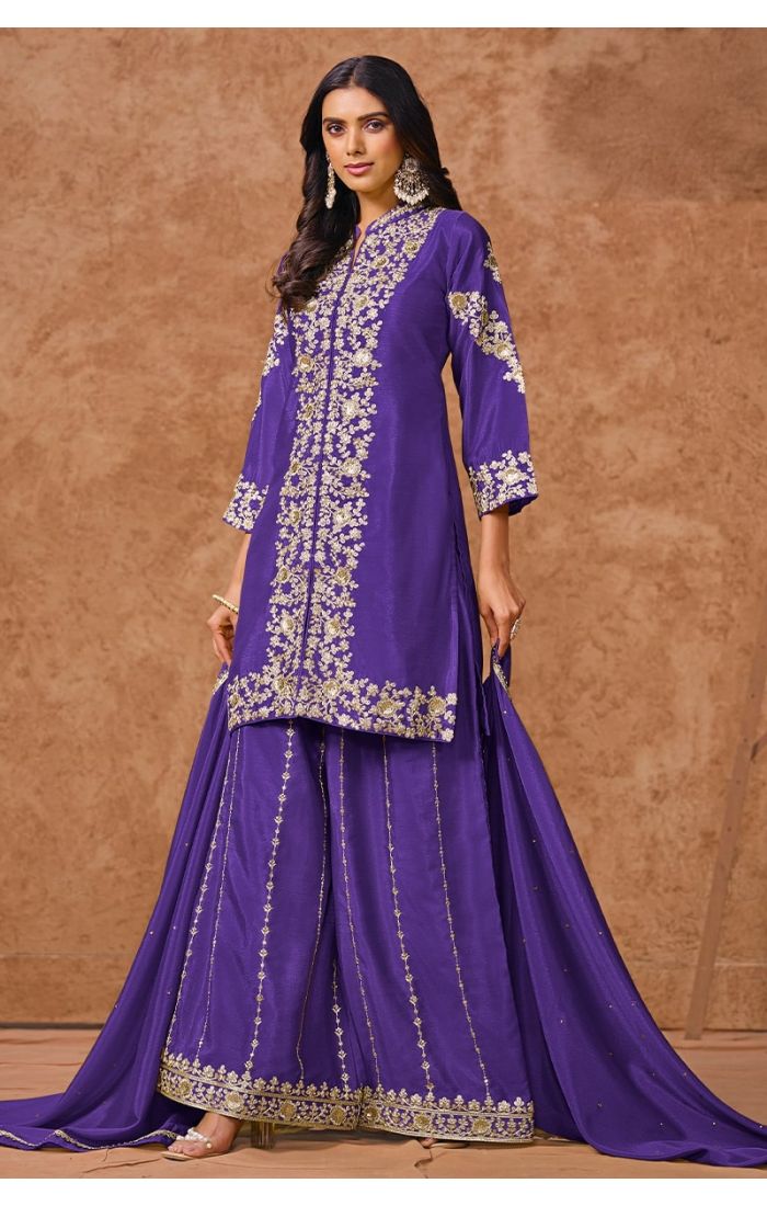 Royal Purple Embroidered Palazzo Salwar Kameez with Golden Zari Work and Dupatta – Wedding & Festive Wear