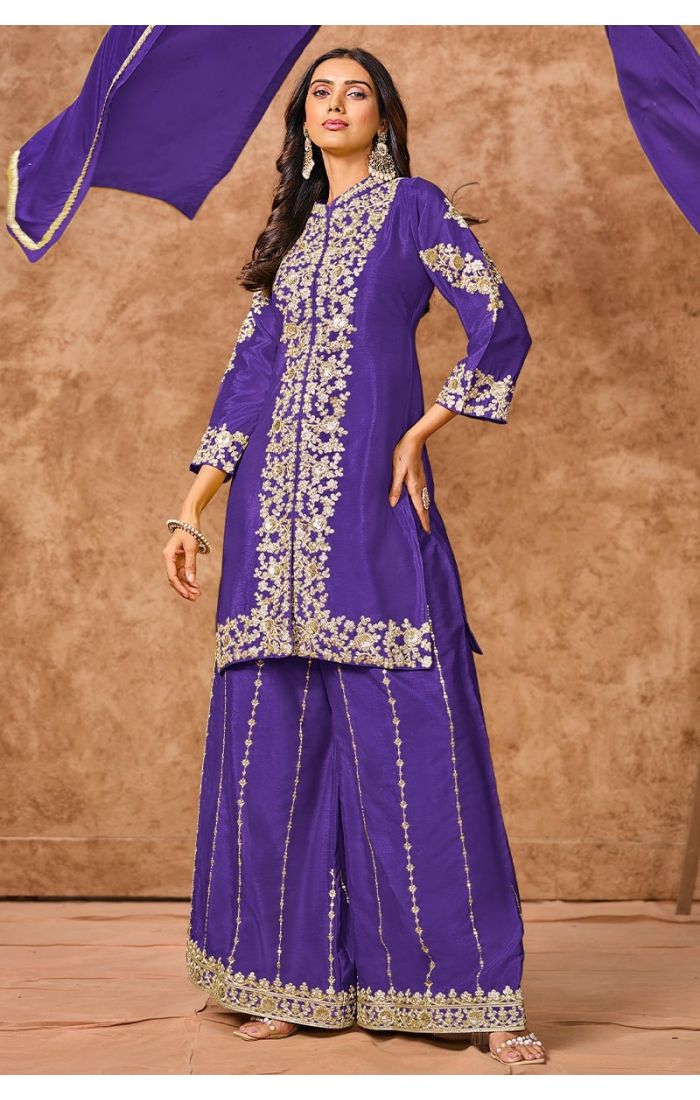 Royal Purple Embroidered Palazzo Salwar Kameez with Golden Zari Work and Dupatta – Wedding & Festive Wear