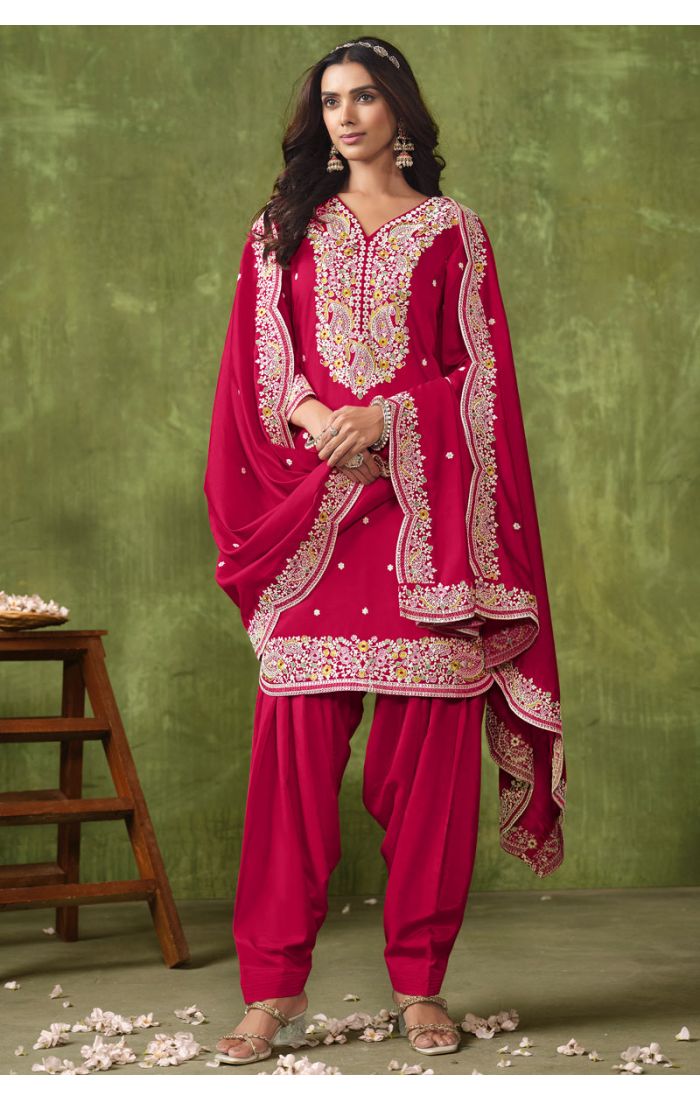 Rich red premium Patiala salwar suit full view with heavy embroidery