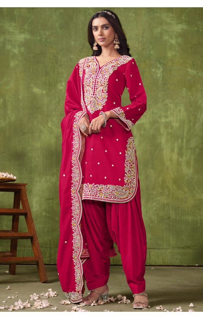 Rich red premium Patiala salwar suit full view with heavy embroidery