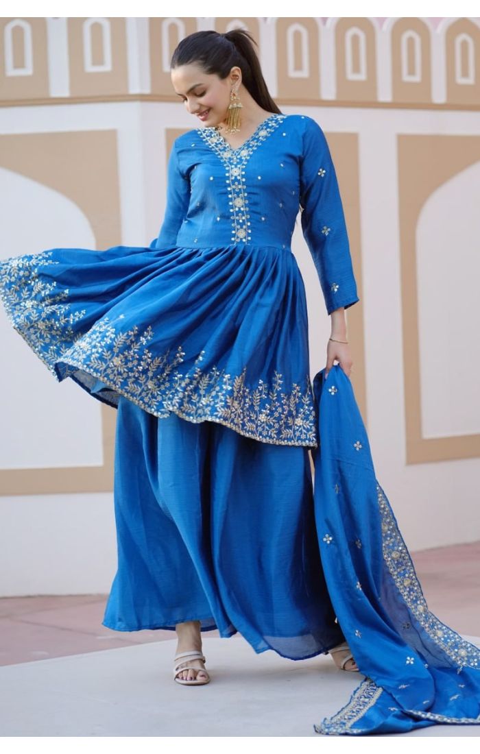 Royal Azure Blue Embroidered Chinon Silk Sharara Suit with Dupatta for Weddings and Festive Wear