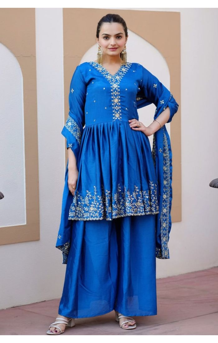 Royal Azure Blue Embroidered Chinon Silk Sharara Suit with Dupatta for Weddings and Festive Wear