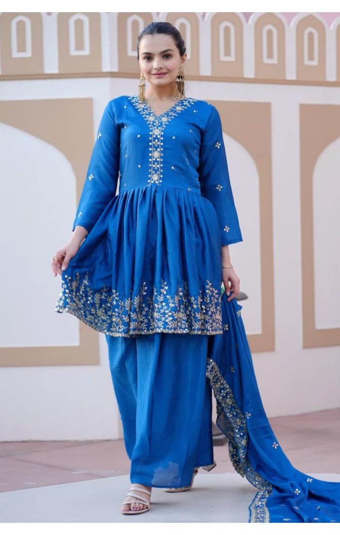 Royal Azure Blue Embroidered Chinon Silk Sharara Suit with Dupatta for Weddings and Festive Wear