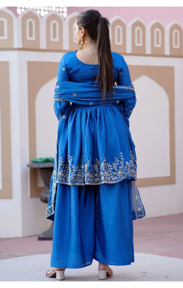 Royal Azure Blue Embroidered Chinon Silk Sharara Suit with Dupatta for Weddings and Festive Wear