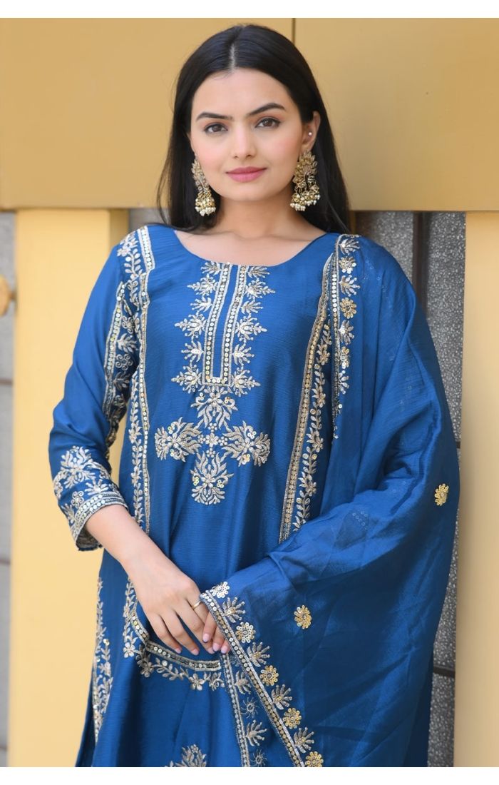 Royal Blue Embroidered Silk Kurta Pant Suit with Dupatta for Weddings & Festive Wear