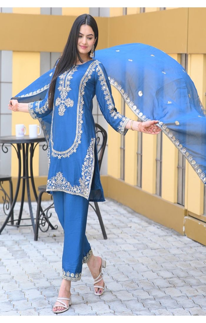 Royal Blue Embroidered Silk Kurta Pant Suit with Dupatta for Weddings & Festive Wear