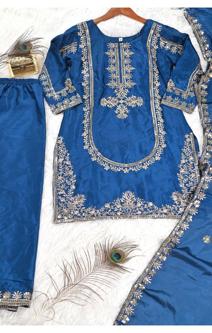 Royal Blue Embroidered Silk Kurta Pant Suit with Dupatta for Weddings & Festive Wear