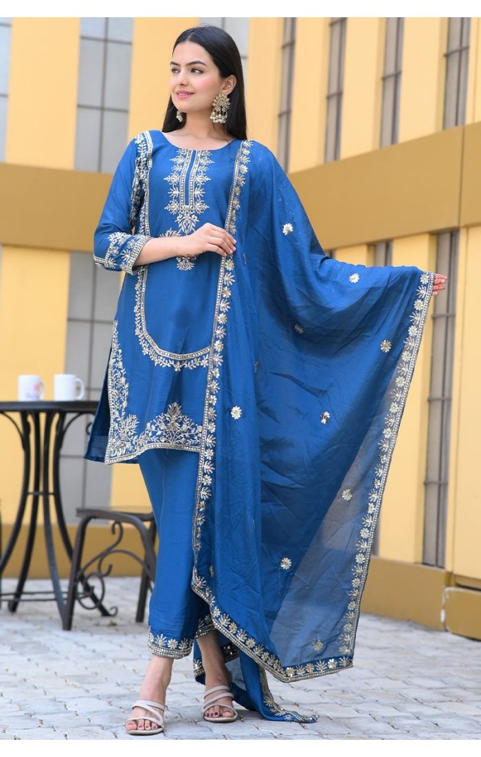 Royal Blue Embroidered Silk Kurta Pant Suit with Dupatta for Weddings & Festive Wear