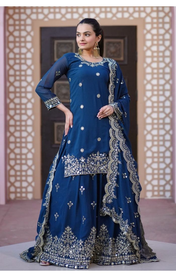 Royal Blue Georgette Kameez Lehenga Set with Zari Embroidery and Dupatta for Wedding & Festive Wear