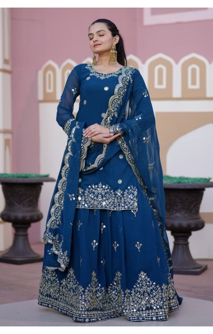 Royal Blue Georgette Kameez Lehenga Set with Zari Embroidery and Dupatta for Wedding & Festive Wear