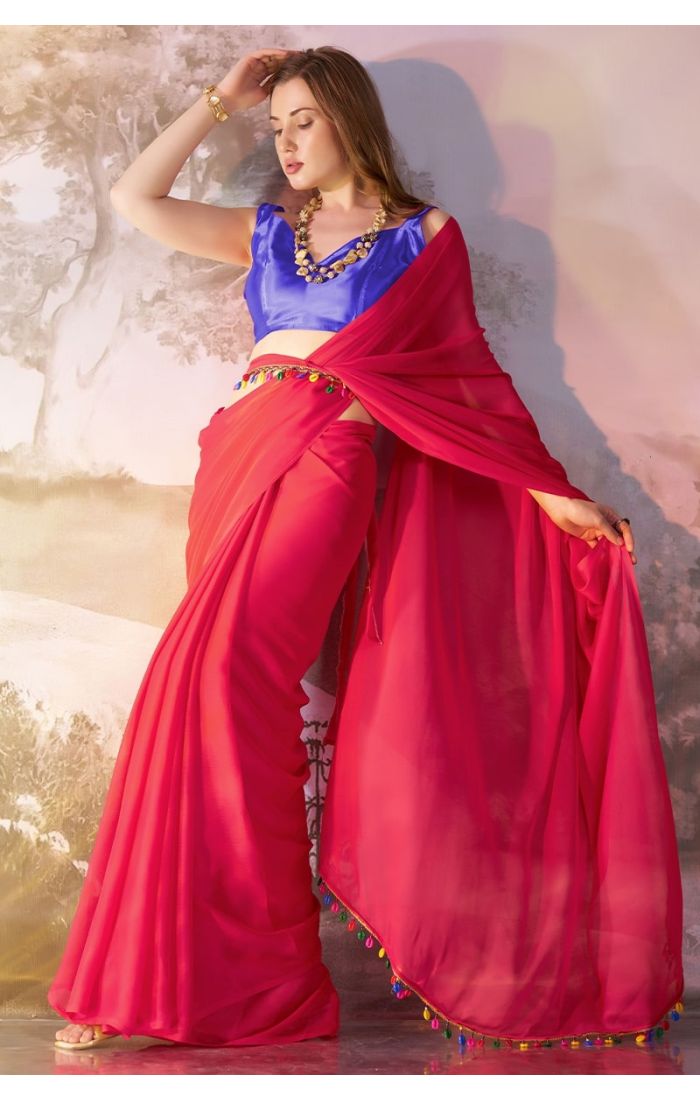 Elegant Royal Fuchsia Chiffon Saree with Blue Blouse and Tassel Detailing – Perfect for Weddings & Festive Wear