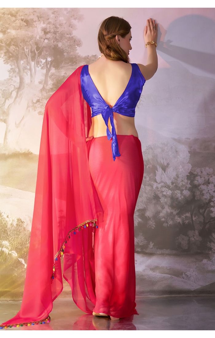 Elegant Royal Fuchsia Chiffon Saree with Blue Blouse and Tassel Detailing – Perfect for Weddings & Festive Wear