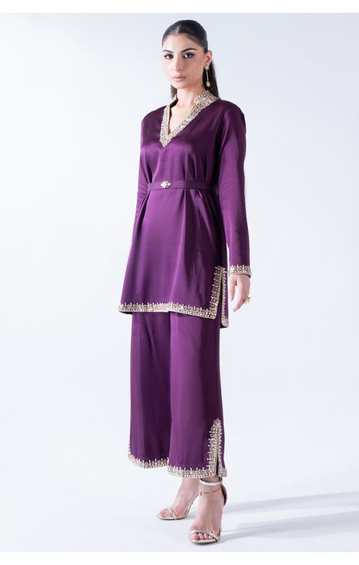 Royal Plum Embellished Satin Kurta Set with Golden Detailing - Perfect for Festive Evenings (SALA5627)