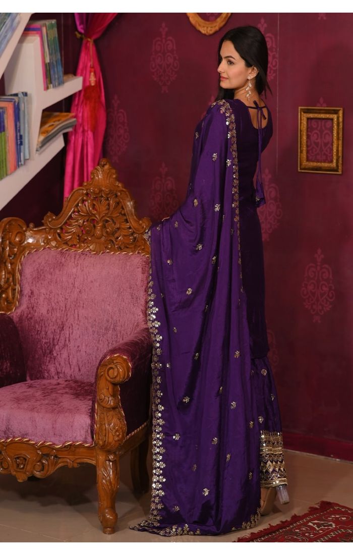 Royal Purple Embroidered Chinon Suit with Dupatta – Luxury Festive & Wedding Wear for Women