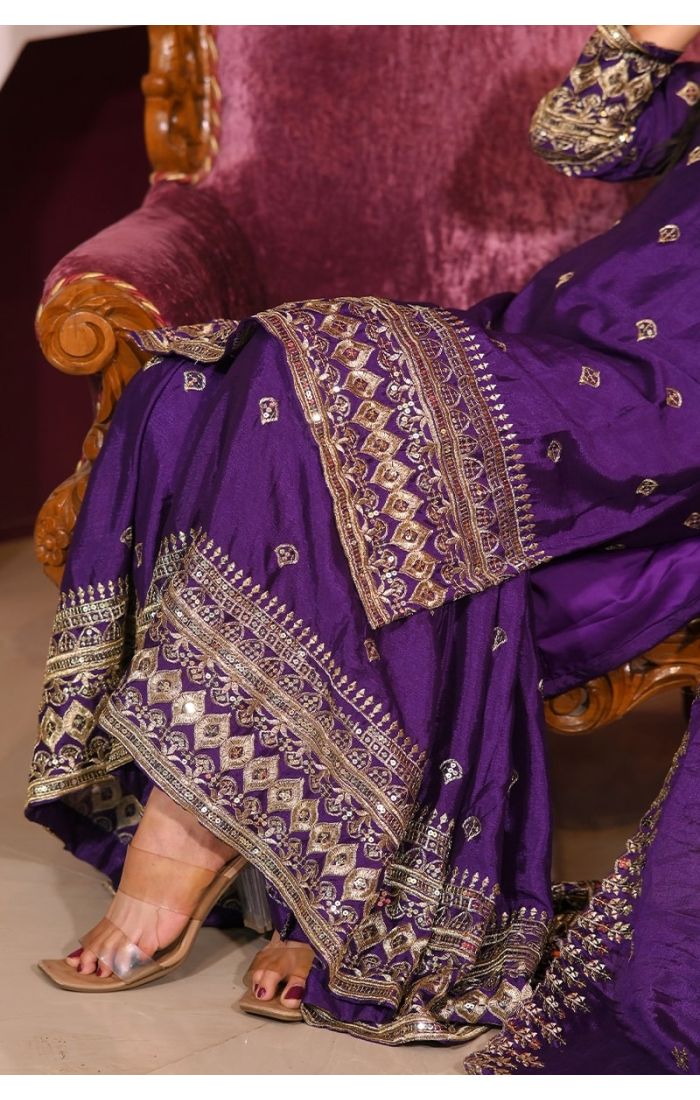 Royal Purple Embroidered Chinon Suit with Dupatta – Luxury Festive & Wedding Wear for Women