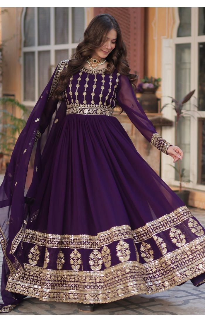 Purple Georgette Anarkali Suit with Embroidery & Dupatta – Perfect for Weddings & Festive Wear in UK, USA, Canada, Germany, Australia, and Europe.