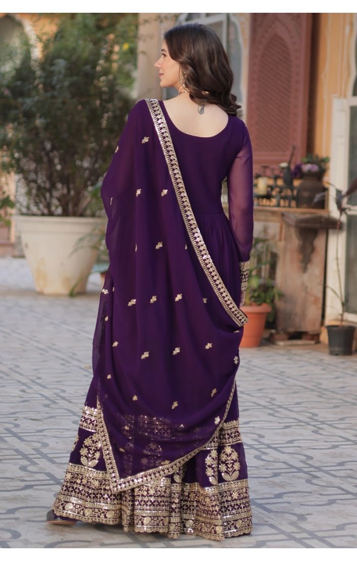 Purple Georgette Anarkali Suit with Embroidery & Dupatta – Perfect for Weddings & Festive Wear in UK, USA, Canada, Germany, Australia, and Europe.