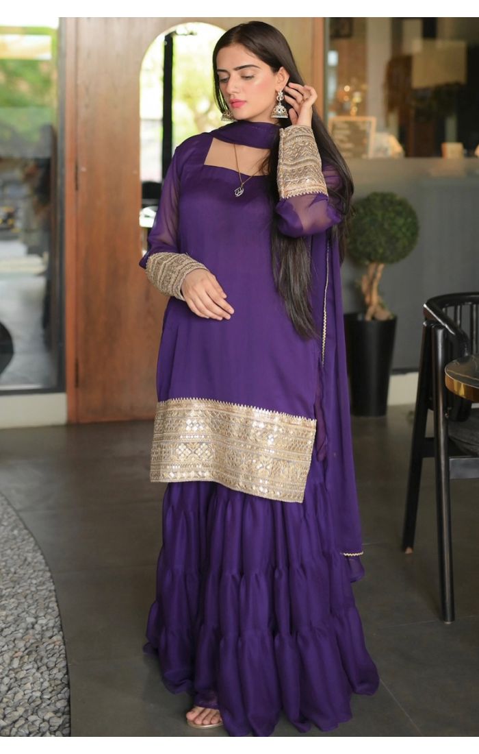 Royal Purple Pakistani Suit in Georgette with Zari Embroidery