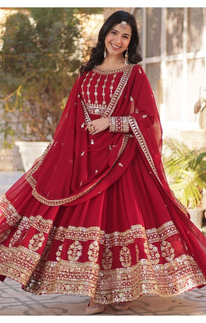 Elegant Red Georgette Anarkali Suit with gold embroidery, perfect for weddings, Eid & festive celebrations in the USA, Canada, UK, and Europe.