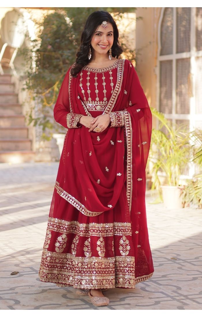 Elegant Red Georgette Anarkali Suit with gold embroidery, perfect for weddings, Eid & festive celebrations in the USA, Canada, UK, and Europe.