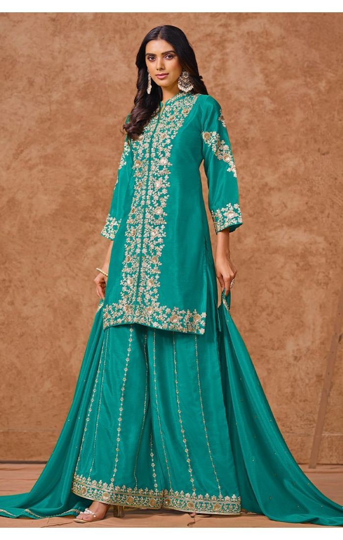 Teal Green Embroidered Salwar Kameez with Palazzo & Dupatta – Wedding & Festive Wear for Women