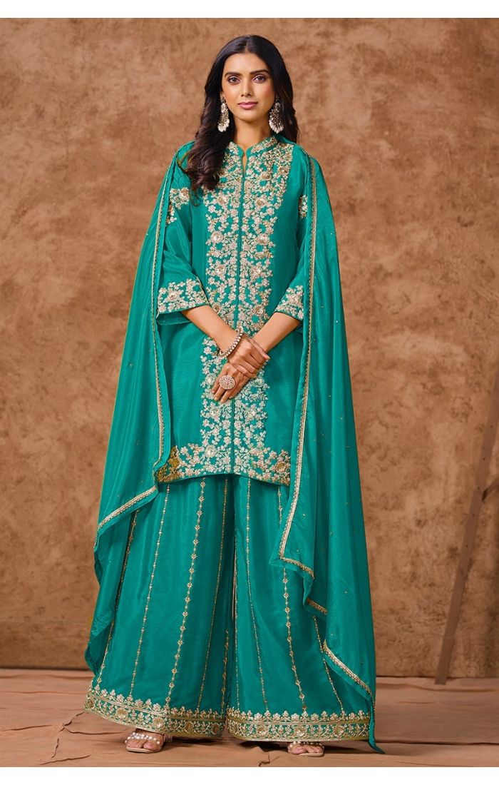 Teal Green Embroidered Salwar Kameez with Palazzo & Dupatta – Wedding & Festive Wear for Women