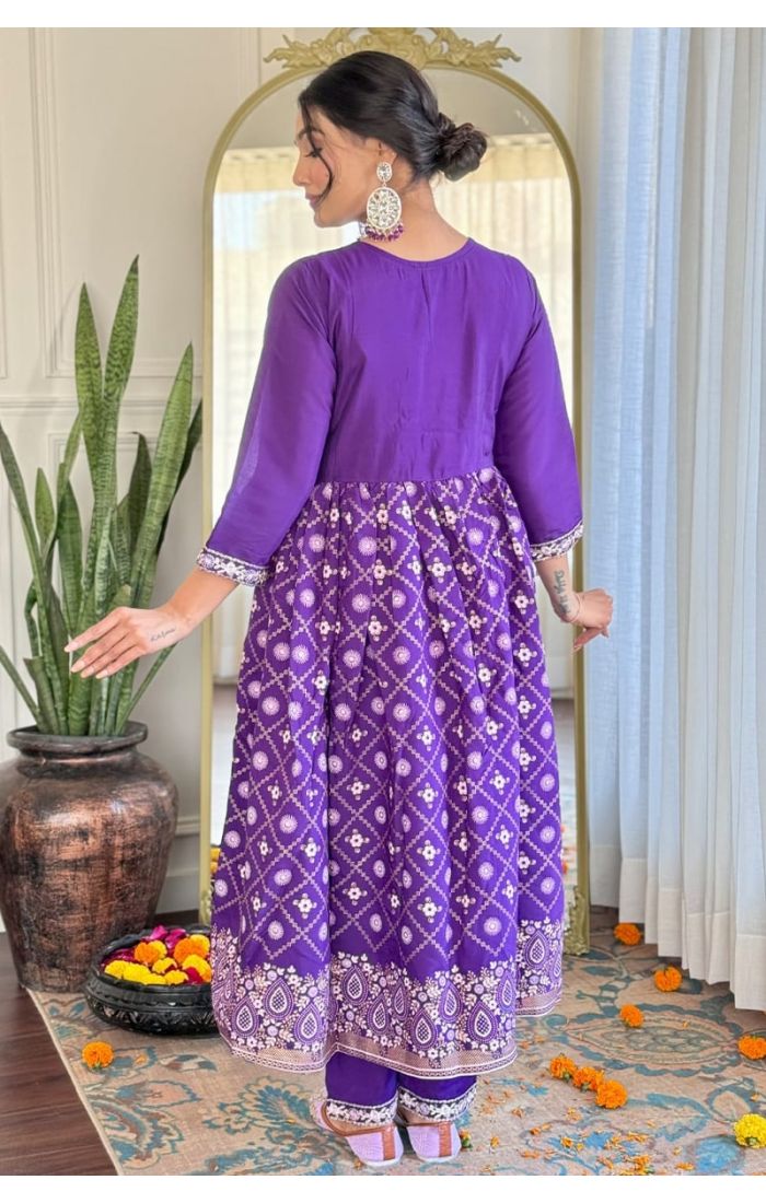 Royal Violet Bandhej Anarkali Kurta Pant Set – Traditional Indian Wedding & Festive Outfit for Women