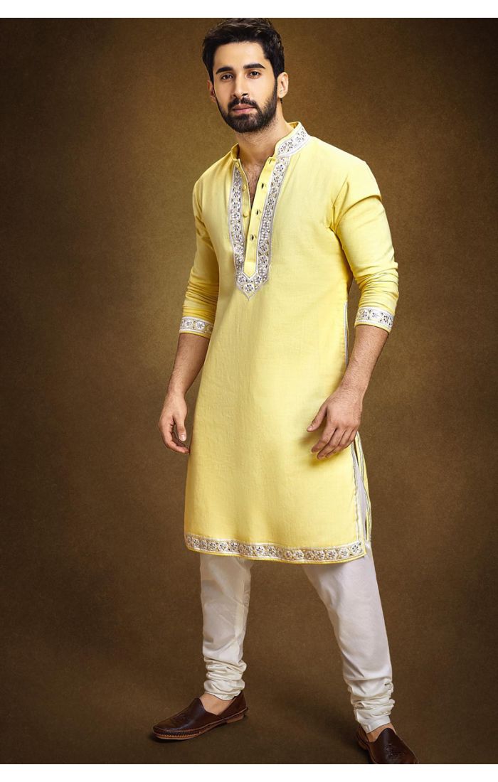 Elegant Yellow Embroidered Cotton Kurta for Men – Festive & Wedding Ethnic Wear