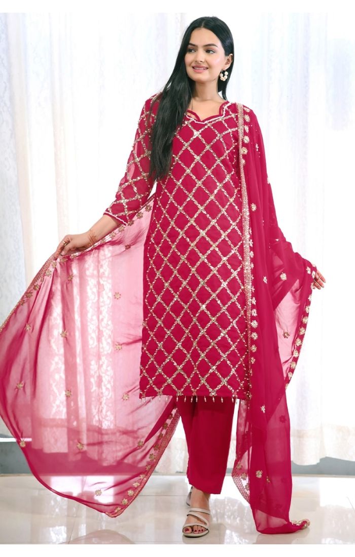 Ruby Red Mirror Work Salwar Kameez with Chiffon Dupatta for Wedding & Festive Wear