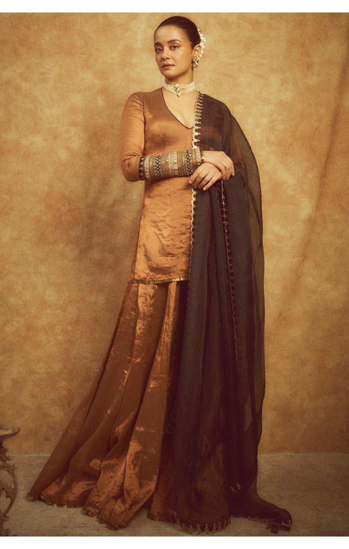 Rust & Black Raw Silk Anarkali with Gold Embroidery - EID Special