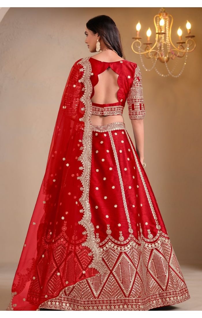 Elegant Red Silk Lehenga Choli with Zari Embroidery and Net Dupatta for Weddings & Festive Wear