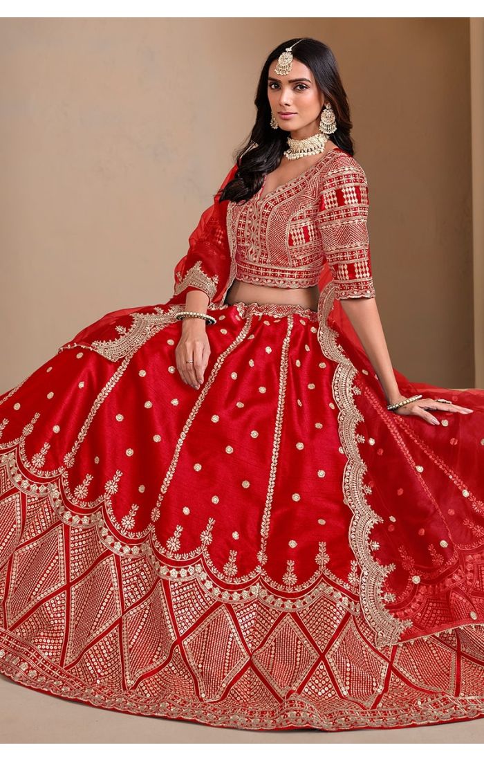 Elegant Red Silk Lehenga Choli with Zari Embroidery and Net Dupatta for Weddings & Festive Wear